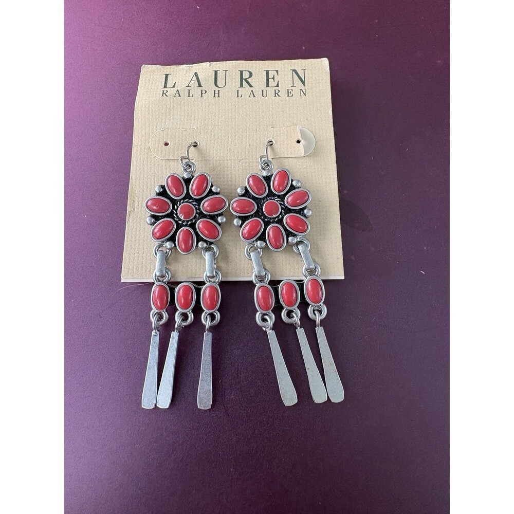Lauren Ralph Lauren Silver Toned Earrings With Coral Shaped Flower Dangle